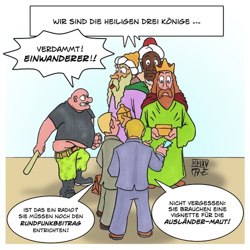 Cartoon: die Heiligen Drei Könige (medium) by Timo Essner tagged weihnachten,einwanderung,maut,gez,weihnachten,einwanderung,maut,gez,heilige,drei,könige,neonnazi,fremdenhass,fremdenfeindlichkeit