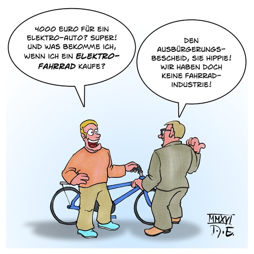 Cartoon: Förderung für Elektro-Fahrzeug (medium) by Timo Essner tagged elektro,fahrzeuge,elektroautos,auto,elektrofahrrad,bike,deutschland,förderung,subventionen,steuergelder,autokonzerne,emissionen,dieselgate,klimaziele,umweltschutz,feinstaub,städte,cartoon,timo,essner,elektro,fahrzeuge,elektroautos,auto,elektrofahrrad,bike,deutschland,förderung,subventionen,steuergelder,autokonzerne,emissionen,dieselgate,klimaziele,umweltschutz,feinstaub,städte,cartoon,timo,essner