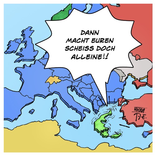 Cartoon: Griechenland Einwanderung Kritik (medium) by Timo Essner tagged griechenland,eu,einwanderung,europa,flüchtlinge,mittelmeer,türkei,frontex,mare,nostrum,kritik,cartoon,timo,essner,griechenland,eu,einwanderung,europa,flüchtlinge,mittelmeer,türkei,frontex,mare,nostrum,kritik,cartoon,timo,essner