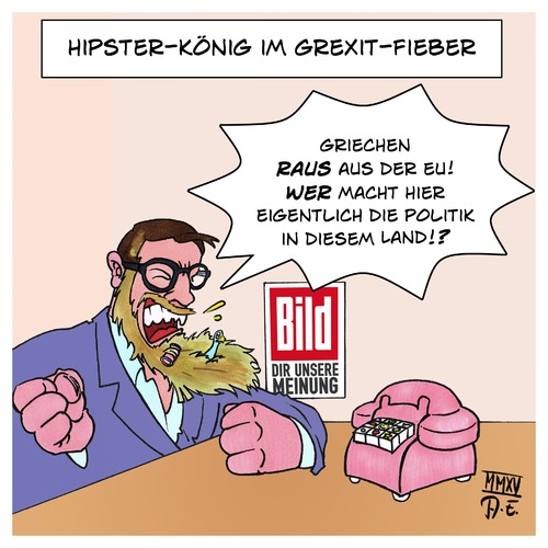 Cartoon: Hipster-König im Grexit-Fieber (medium) by Timo Essner tagged varoufake,kai,diekmann,bild,springer,grexit,griechenland,deutschland,eu,euro,stimmungsmache,nein,kampagne,europa,varoufake,kai,diekmann,bild,springer,grexit,griechenland,deutschland,eu,euro,stimmungsmache,nein,kampagne,europa