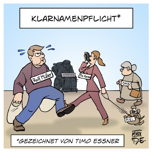 Cartoon: Klarnamenpflicht (medium) by Timo Essner tagged klarnamenpflicht,wolfgang,schäuble,internet,hatespeech,online,offline,alltag,anonymität,trolle,hass,öffentlichkeit,namensschilder,kennzeichnungspflicht,cartoon,timo,essner,klarnamenpflicht,wolfgang,schäuble,internet,hatespeech,online,offline,alltag,anonymität,trolle,hass,öffentlichkeit,namensschilder,kennzeichnungspflicht,cartoon,timo,essner