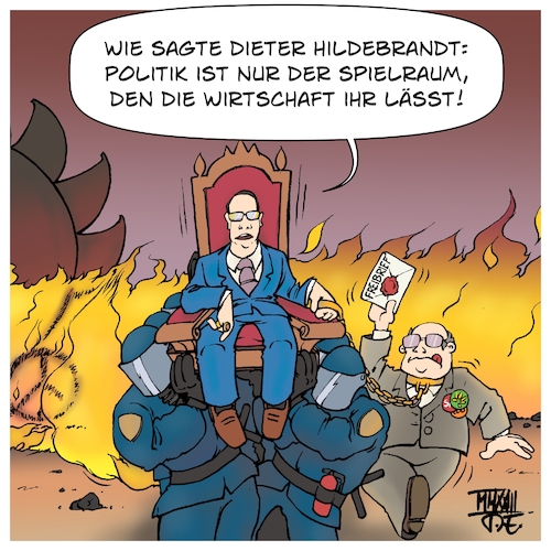 Cartoon: König Kohle besucht Lützerath (medium) by Timo Essner tagged rwe,kohle,kohleausstieg,deutschland,klimaziele,pariser,abkommen,energie,energiewende,co2,emissionen,klimakrise,polizei,polizeigewalt,polizeiproblem,werkschutz,privatinteressen,wirtschaft,industrie,energiesektor,politik,staat,macht,machterhalt,machtdemonstration,klimaaktivisten,klimaterroristen,unwort,des,jahres,zitat,dieter,hildebrandt,cartoon,timo,essner,rwe,kohle,kohleausstieg,deutschland,klimaziele,pariser,abkommen,energie,energiewende,co2,emissionen,klimakrise,polizei,polizeigewalt,polizeiproblem,werkschutz,privatinteressen,wirtschaft,industrie,energiesektor,politik,staat,macht,machterhalt,machtdemonstration,klimaaktivisten,klimaterroristen,unwort,des,jahres,zitat,dieter,hildebrandt,cartoon,timo,essner