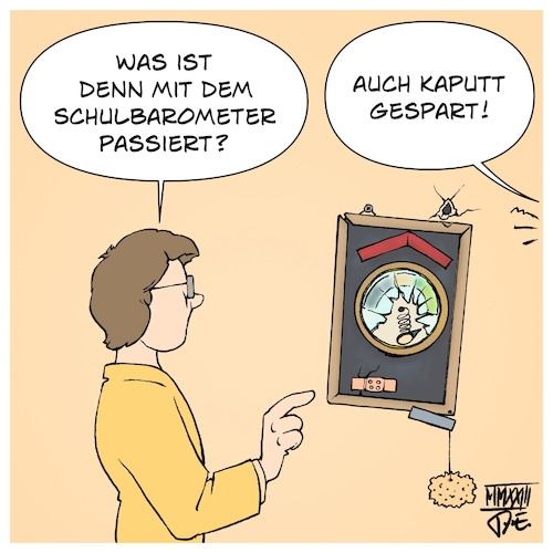 Cartoon: Schulbarometer (medium) by Timo Essner tagged schulbarometer,schulen,schulpolitik,bildungspolitik,bildungsminister,bildungsministerin,kultusministerkonferenz,finanzierung,ausstattung,sanierungsstau,kaputt,gespart,kaputtgespart,schulklassen,lehrer,lehrerinnen,personalmangel,referendariat,nachwuchs,cartoon,timo,essner,schulbarometer,schulen,schulpolitik,bildungspolitik,bildungsminister,bildungsministerin,kultusministerkonferenz,finanzierung,ausstattung,sanierungsstau,kaputt,gespart,kaputtgespart,schulklassen,lehrer,lehrerinnen,personalmangel,referendariat,nachwuchs,cartoon,timo,essner