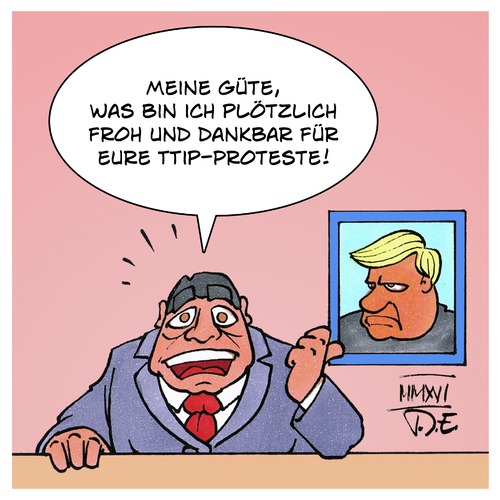 Cartoon: TTIP nach Trump (medium) by Timo Essner tagged ttip,trump,freihandelsabkommen,usa,deutschland,eu,sigmar,gabriel,cartoon,timo,essner,ttip,trump,freihandelsabkommen,usa,deutschland,eu,sigmar,gabriel,cartoon,timo,essner
