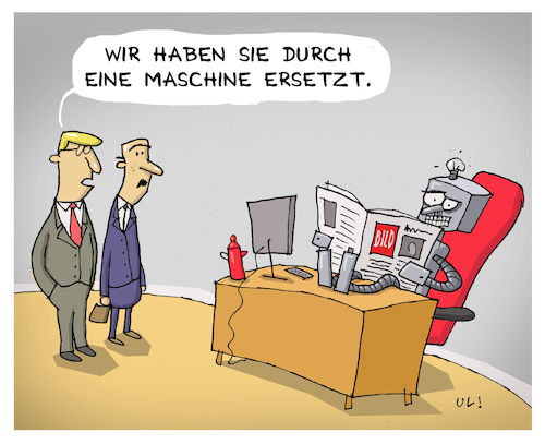 Cartoon: Ersetzt (medium) by Uliwood tagged beruf,wirtschaft,job,arbeit,arbeitsplatz,maschine,chef,angestellter,büro,roboter,künstliche,intelligenz,ersetzt,durch,technik,fortschritt,alltag,arbeitswelt,berufsleben,zukunft,schreibtisch,entlassung,austausch,computer,digital,beruf,wirtschaft,job,arbeit,arbeitsplatz,maschine,chef,angestellter,büro,roboter,künstliche,intelligenz,ersetzt,durch,technik,fortschritt,alltag,arbeitswelt,berufsleben,zukunft,schreibtisch,entlassung,austausch,computer,digital