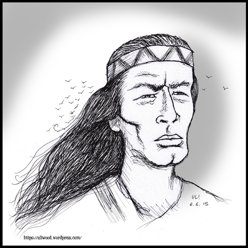 Cartoon: Pierre Brice - in memoriam (medium) by Uliwood tagged schauspieler,actor,pierre,brice,winnetou,western,franzose,apache,in,gedenken,karl,may