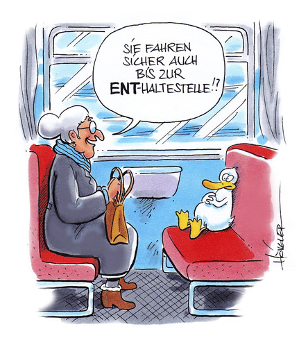 Cartoon: ENThaltestelle (medium) by Hoevelercomics tagged ente,bahn,zug,bahnfahrt,öpnv
