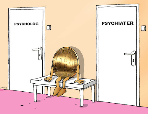 Cartoon: bitpsych (medium) by Lubomir Kotrha tagged dollar,euro,cryptocurrency,bitcoin,memecoin,dollar,euro,cryptocurrency,bitcoin,memecoin