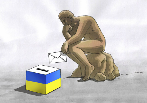 Cartoon: dumo-ua (medium) by Lubomir Kotrha tagged elections,ukraine,wahlen,peace,war,people,nato,usa,eu,russia