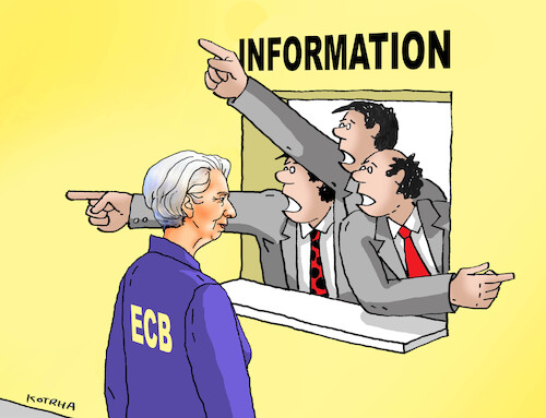 Cartoon: ecbinfo26-en (medium) by Lubomir Kotrha tagged ecb,inflation,recession,euro,eu,ecb,inflation,recession,euro,eu