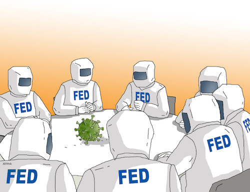 Cartoon: fedvirus (medium) by Lubomir Kotrha tagged coronavirus,wall,street,fed,burza,dollar