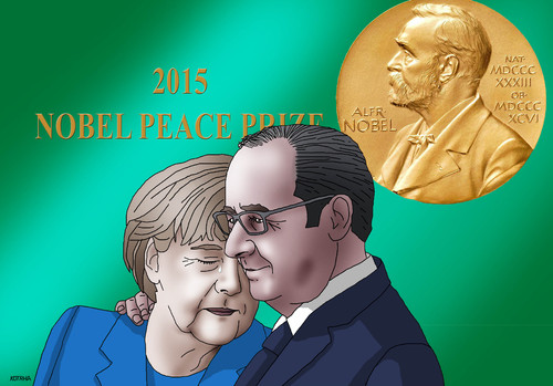 Cartoon: nobelpeace (medium) by Lubomir Kotrha tagged world,germany,merkel,prize,peace,nobel,refugees