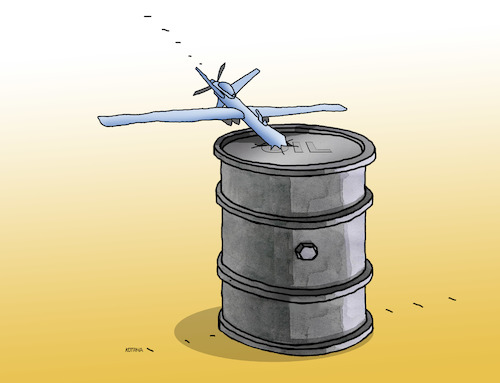 Cartoon: oildron (medium) by Lubomir Kotrha tagged oil,price,dron,barel,dollar,euro,war