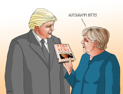 Cartoon: trumpautogram-de (medium) by Lubomir Kotrha tagged donald,trump,fire,and,fury,book,usa,white,house,washington,dollar,world