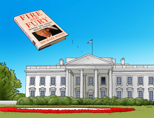 Cartoon: trumphouse (medium) by Lubomir Kotrha tagged donald,trump,fire,and,fury,book,usa,white,house,washington,dollar,world