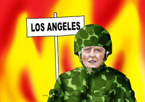 Cartoon: trumpprotest (medium) by Lubomir Kotrha tagged usa,los,angeles,protests,riots,trump,national,guard,usa,los,angeles,protests,riots,trump,national,guard