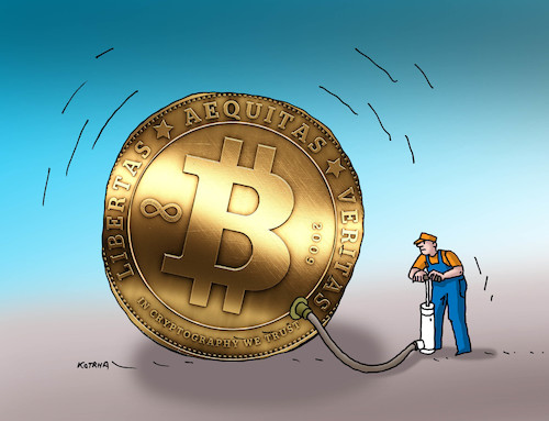 Cartoon: bitcoin (medium) by Lubomir Kotrha tagged bitcoin,dollar,euro,libra,bitcoin,dollar,euro,libra
