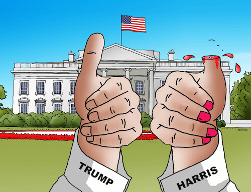 Cartoon: Kamala Harris vs Donald Trump (medium) by Lubomir Kotrha tagged kamala,harris,vs,donald,trump,kamala,harris,vs,donald,trump