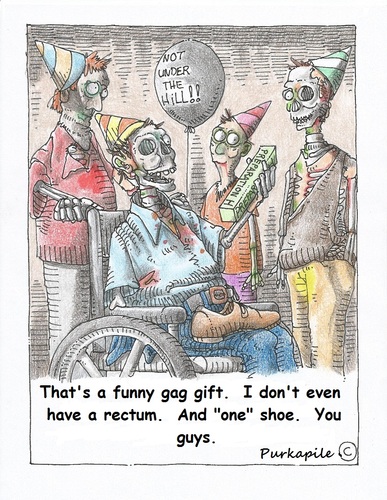 Cartoon: Zombie birthday (medium) by armadillo tagged zombie,birthday,shoe,hats,fun