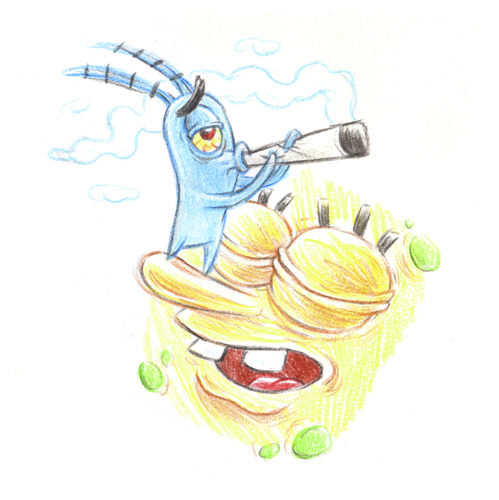 Cartoon: Plankton smoking on sponge (medium) by Trippy Toons tagged spongebob,sponge,bob,squarepants,schwammkopf,eyes,augen,bloodshot,cannabis,marihuana,marijuana,stoner,stoned,kiffer,kiffen,weed,ganja,smoke,smoking,rauch,rauchen,plankton