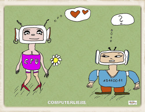 Cartoon: Computerliebe (medium) by zeichenstift tagged computer,robots,love,liebe,pc,roboter,android,beziehungen,paar