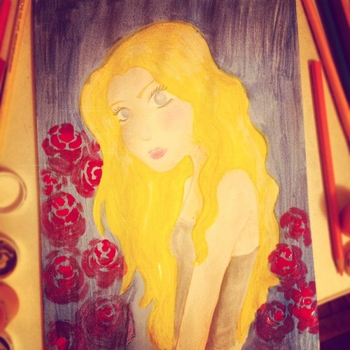 Cartoon: the blonde and the roses (medium) by naths tagged watercolor,blonde,girl,colors,roses,flowers,the