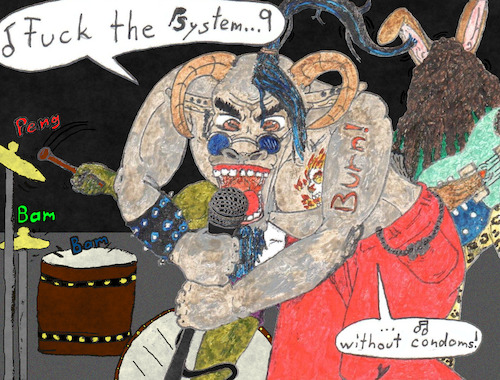 Cartoon: Amoralisch Comic - Fk The System (medium) by Schimmelpelz-pilz tagged goat,band,singer,punk,rock,alternative,bunny,rabbit,fur,furry,drums,microphone,stage,horn,horns,goatee,long,hair,hairs,guitar,buck,billy,rebel,music,musician,kaninchen,ziege,hase,pelzig,trommel,trommeln,mikrofon,spitzbart,lange,haare,gitarre,bock,ziegenbock,musik,musiker