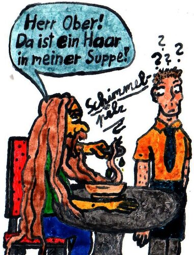 Cartoon: Der Witz hat schon einen Bart! (medium) by Schimmelpelz-pilz tagged alt,uralt,witz,her,ober,oberwitz,oberwitze,haar,in,suppe,langer,bart,mähne,haare,löffel,kellner,waiter,old,outdated,joke,restaurant,long,mane,hair,hairs,beard,hairy,haarig,spoon