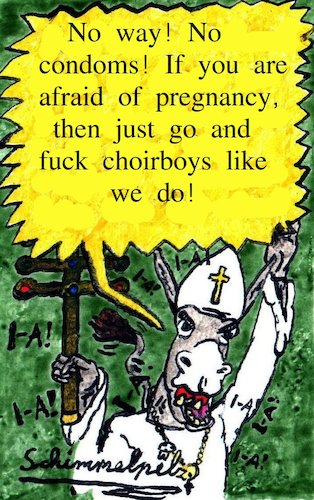 Cartoon: Downfall Of The Vatican IX (medium) by Schimmelpelz-pilz tagged sane,insane,insanity,donkey,condom,condoms,pregnancy,religion,vatican,downfall,priest,christian,christ,believer