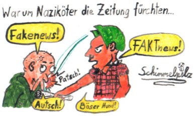 Cartoon: Fakt-News (medium) by Schimmelpelz-pilz tagged skinhead,punk,doppelmohawk,zeitung,hundeerziehung,fakenews