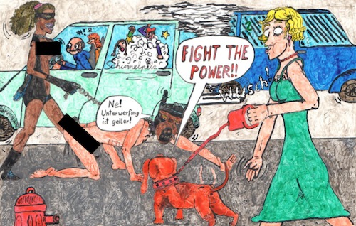 Cartoon: Fight The Power (medium) by Schimmelpelz-pilz tagged fight,the,power,bdsm,sm,sado,maso,latex,leder,herrin,sub,auto,strasse,straße,leine,hund,dackel