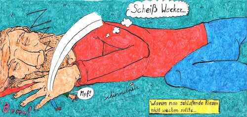 Cartoon: Schlafende Riesen wecken... (medium) by Schimmelpelz-pilz tagged schlafend,schlafender,riese,schlaf,wecker,zerquetschen,schlagen,hieb,riesig,mensch,wecken
