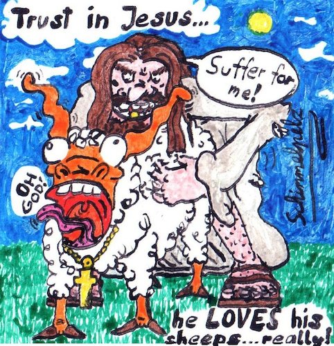 Cartoon: Trust In Jesus - Vertraue Jesus (medium) by Schimmelpelz-pilz tagged jesus,christ,christus,christen,christs,sheep,schaf,hirte,schäfer,glaube,religion,sandalen,kutte,kruzifix,kreuz,god,cruxifix,sandal,sandals