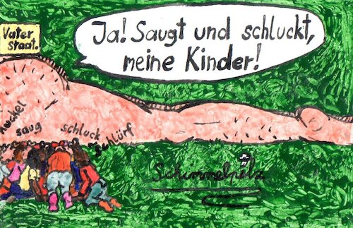 Cartoon: Vater Staat (medium) by Schimmelpelz-pilz tagged vater,staat,gemeinschaft,gesellschaft,stillen,brust,geben,saugen,schlucken,nuckeln,nackter,nackt,mann,riese,mensch,menschen,abhängigkeit,abhängig,unterwürfigkeit,unterwürfig,gehorsam,dienen,gras