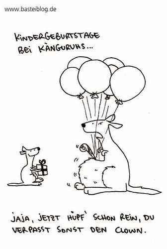 Cartoon: Kindergeburtstag bei Känguruhs (medium) by puvo tagged känguru,känguruh,kangaroo,geburtstag,birthday,kind,child,clown,party,geburtstagsparty,luftballon,balloon,present,geschenk,feier,celebrate,feiern