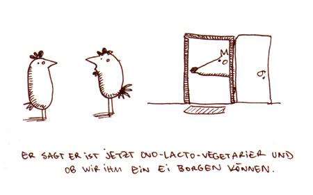 Cartoon: Ovolactovegetarier. (medium) by puvo tagged vegetarier,ei,nachbar,borgen,ovo,lacto,fuchs,huhn,hahn