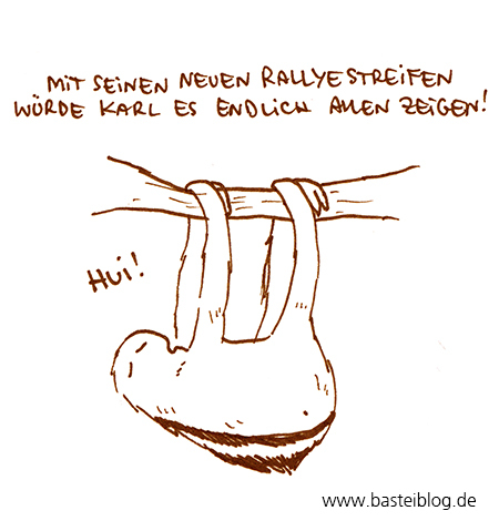 Cartoon: Rallyestreifen (medium) by puvo tagged aye,faultier,rallye,rallyestreifen,hektik,schnelligkeit,faul,träge