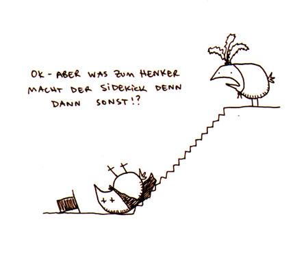 Cartoon: Sidekick. (medium) by puvo tagged sidekick,show,vogel,bird,auftritt,treppe,stairs
