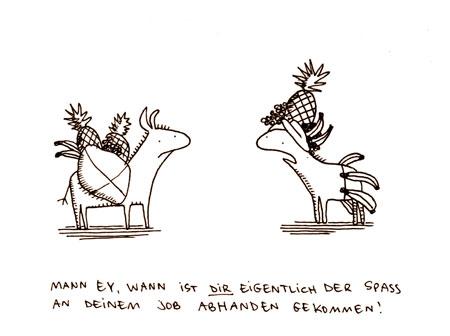 Cartoon: Spaß am Job. (medium) by puvo tagged job,beruf,spaß,frust,obst,banane,ananas,weintraube,esel,frustraition,banana,pineapple,donkey,lasttier,pack,animal,fun,work,fruit,
