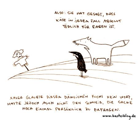 Cartoon: Vogelscheuche. (medium) by puvo tagged fuchs,rabe,käse,vogelscheuche,fox,raven,cheese,scarecrow,crow