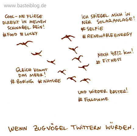 Cartoon: Wenn Zugvögel twittern würden. (medium) by puvo tagged twitter,zugvogel,migrant,bird,hashtag,social,media