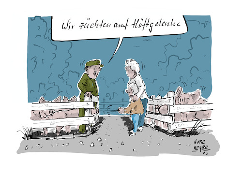 Cartoon: Artgerecht... (medium) by Jori Niggemeyer tagged hüftgelenk,endoprothese,prothese,schweine,landwirtschaft,artgerech,hüftgelenk,endoprothese,prothese,schweine,landwirtschaft,artgerecht,bauer,mann,frau,kind,gesundheit