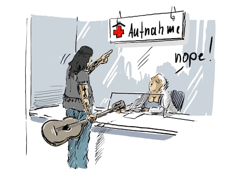 Cartoon: Aufnahme ... (medium) by Jori Niggemeyer tagged musik,musiker,rockmusik,aufnahme,anmeldung,krankenhaus,musik,musiker,rockmusik,aufnahme,anmeldung,krankenhaus