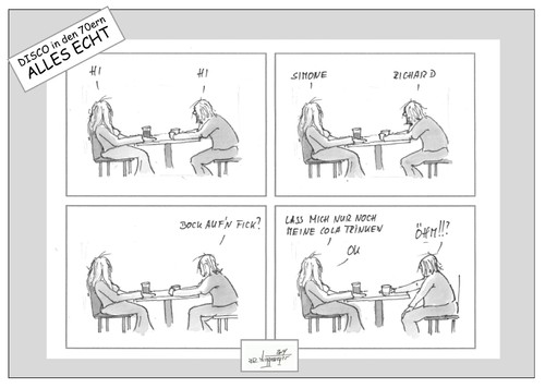 Cartoon: Bock auf... (medium) by Jori Niggemeyer tagged joricartoon,niggemeyer,cartoon,erlebnis,dating,disco,mut,testen,annäherung,antwort,frage,ausprobieren,jugend