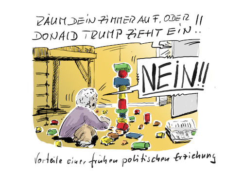 Cartoon: Frühe politische Erziehung... (medium) by Jori Niggemeyer tagged kinderzimmer,aufräumen,drohung,bildung,politik,donaldtrump,fcktrmp,satire,humor,jori,joricartoon,joriniggemeyer,niggemeyer,joachimrniggemeyer,karikatur,cartoonart,illustration,illustrator,witzigebilder,lachen,witzig,cartoondrawing,cartoon,leipzig,kinderzimmer,aufräumen,drohung,bildung,politik,donaldtrump,fcktrmp,satire,humor,jori,joricartoon,joriniggemeyer,niggemeyer,joachimrniggemeyer,karikatur,cartoonart,illustration,illustrator,witzigebilder,lachen,witzig,cartoondrawing,cartoon,leipzig