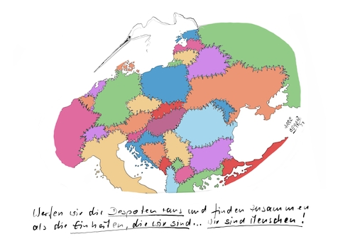 Cartoon: Despoten raus... (medium) by Jori Niggemeyer tagged europa,verbundenheit,weltgemeinschaft,chancen,zusammen,naht,nähen,kiew,krim,ukraine,selenskyi,ukrainewar,krieg,kriegsverbrecher,diktator,moskau,armee,russland,nowar,humor,joricartoon,niggemeyer,cartooon,cartoonart,illustration,illustrator,karikatur,satire,cartoondrawing,witzigebilder,cartoon,europa,verbundenheit,weltgemeinschaft,chancen,zusammen,naht,nähen,kiew,krim,ukraine,selenskyi,ukrainewar,krieg,kriegsverbrecher,diktator,moskau,armee,russland,nowar,humor,joricartoon,niggemeyer,cartooon,cartoonart