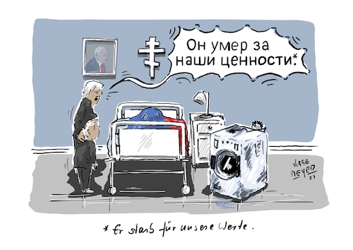 Cartoon: Er starb für unsere Werte. (medium) by Jori Niggemeyer tagged butscha,waschmaschine,tod,vater,papa,wladimirputin,fcklawrow,fckptn,fuckputin,putin,ukrainetoday,ukraine,moskau,kreml,russland,standwithukraine,ukrainewar,humor,joricartoon,niggemeyer,cartooon,stopputin,cartoonart,illustration,illustrator,karikatur,satire,cartoondrawing,cartoon,butscha,waschmaschine,tod,vater,papa,wladimirputin,fcklawrow,fckptn,fuckputin,putin,ukrainetoday,ukraine,moskau,kreml,russland,standwithukraine,ukrainewar,humor,joricartoon,niggemeyer