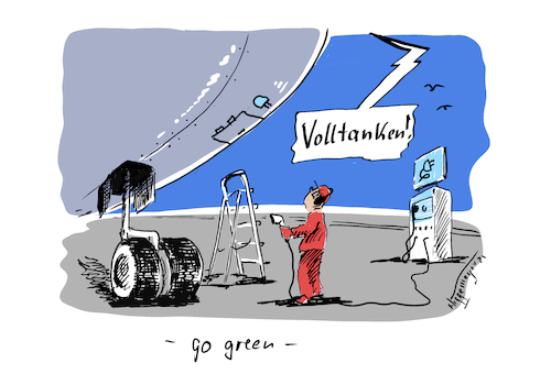 Cartoon: Go green... (medium) by Jori Niggemeyer tagged green,strom,energie,umweltschutz,erneuerbare,ladestation,green,strom,energie,umweltschutz,erneuerbare,ladestation,flugzeit,emobilität