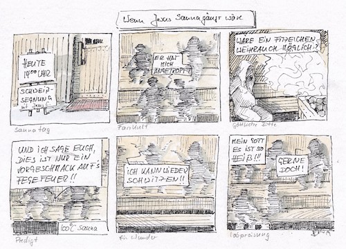 Cartoon: Wenn Jesus Saunagänger wäre (medium) by Jori Niggemeyer tagged jesus,sauna,saunagänger,bibel,schwitzen,aufguss,weihrauch,geschichte,kirche