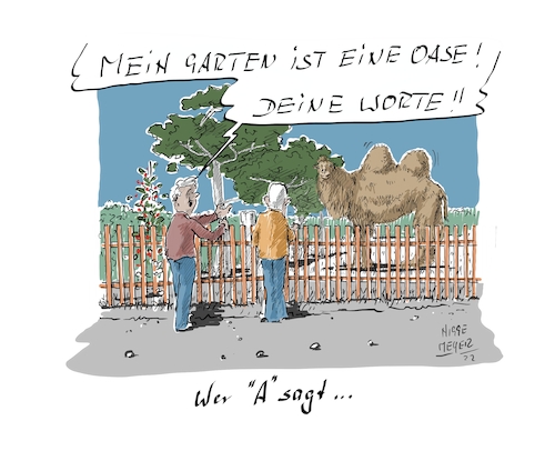 Cartoon: Wer A sagt ... (medium) by Jori Niggemeyer tagged klimawandel,garten,kleingarten,schrebergarten,oase,kamel,dromedar,veränderungen,anpassung,erderwärmung,klimawandel,garten,kleingarten,schrebergarten,oase,kamel,dromedar,veränderungen,anpassung,erderwärmung